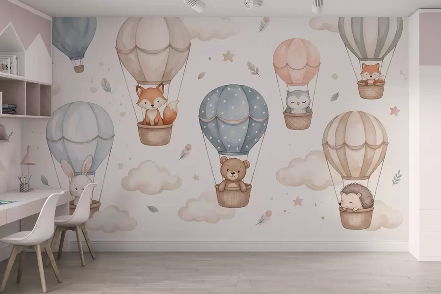 murais de parede Animais da floresta em balões de ar quente, em estilo aquarela, com paleta de tons pastel w10001