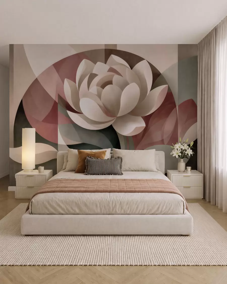 murais de parede Grande flor abstrata, executada numa técnica geométrica facetada, com uma paleta de cores suaves em tons de esmeralda em pó w10035