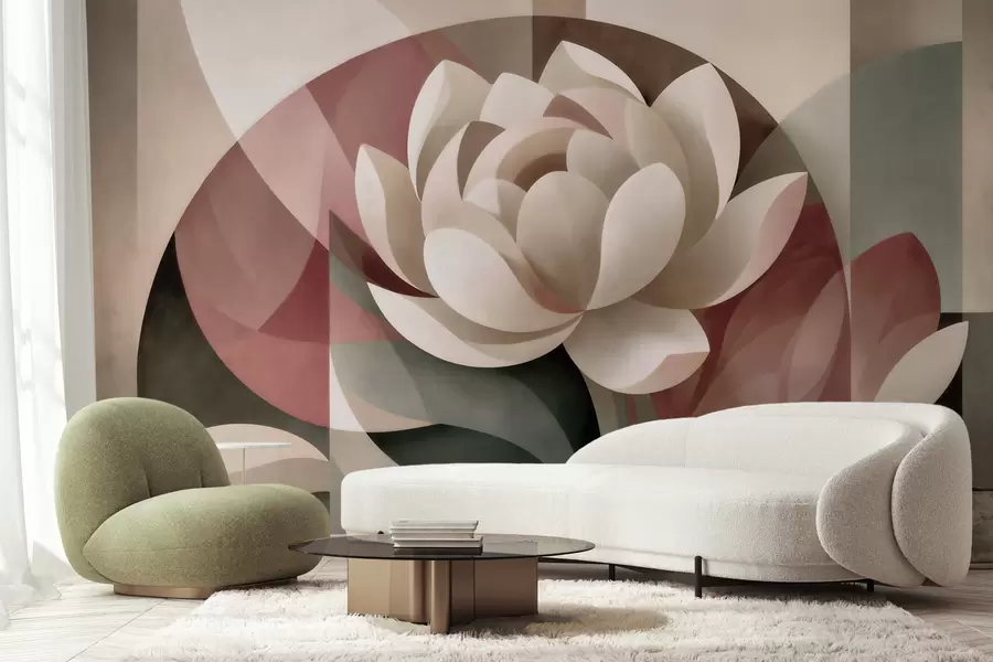 murais de parede Grande flor abstrata, executada numa técnica geométrica facetada, com uma paleta de cores suaves em tons de esmeralda em pó w10035