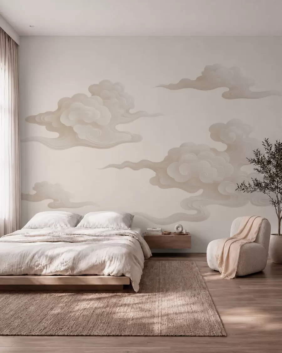 murais de parede Nuvens orientais minimalistas em tons de bege-creme w10036