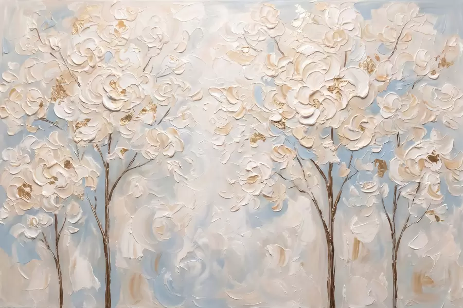 murais de parede Flores brancas volumosas nas árvores, imitação de pintura a óleo w10039