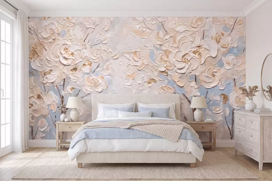 murais de parede Flores brancas volumosas nas árvores, imitação de pintura a óleo w10039