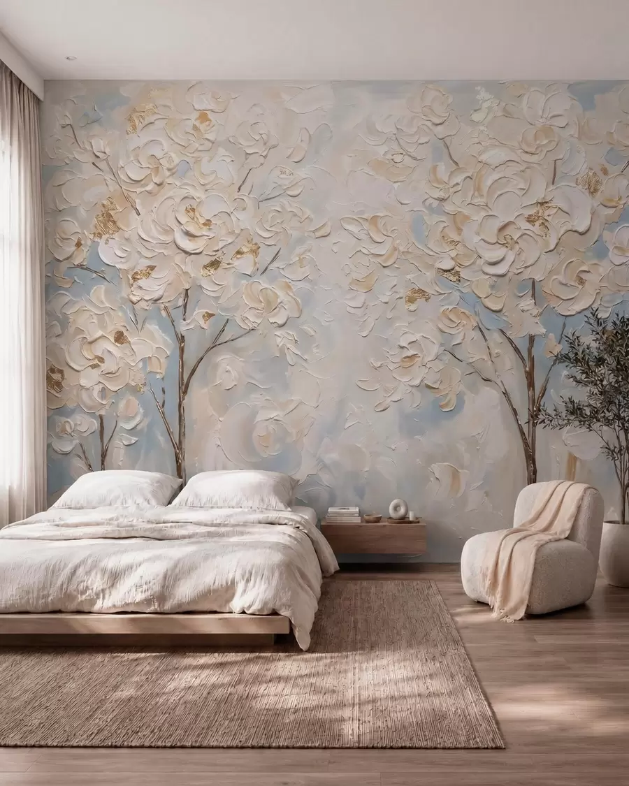 murais de parede Flores brancas volumosas nas árvores, imitação de pintura a óleo w10039