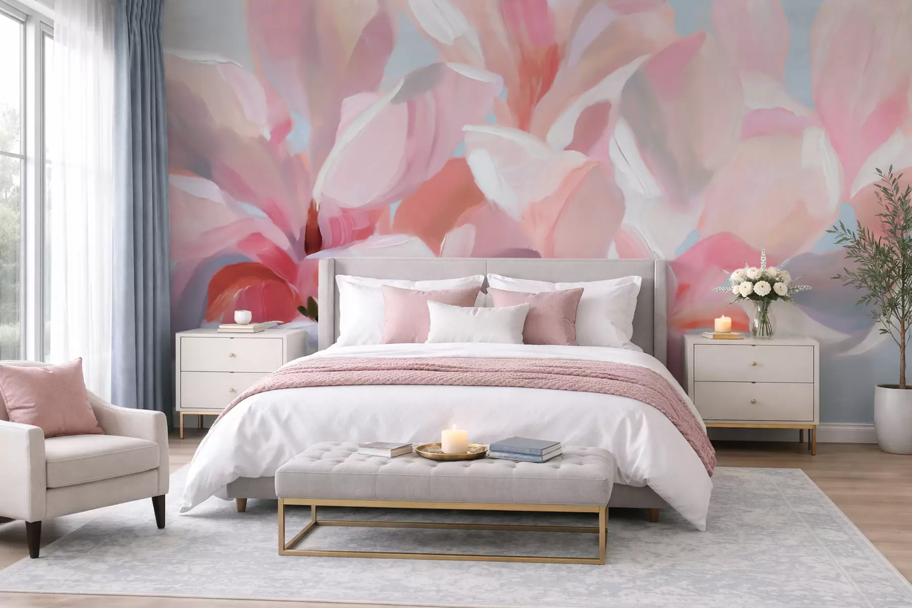 murais de parede Grande plano de uma magnólia cor-de-rosa, com imitação de uma técnica pictórica suave w10043