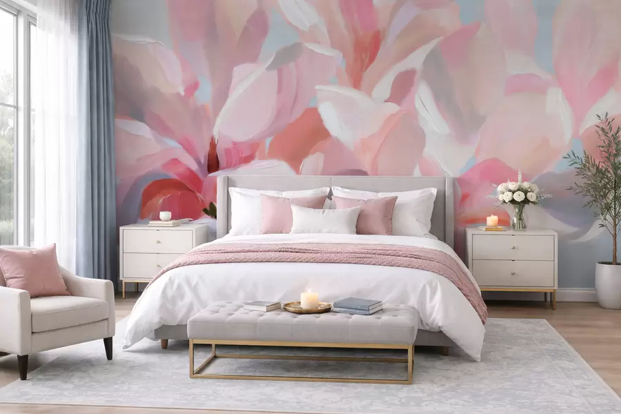murais de parede Grande plano de uma magnólia cor-de-rosa, com imitação de uma técnica pictórica suave w10043