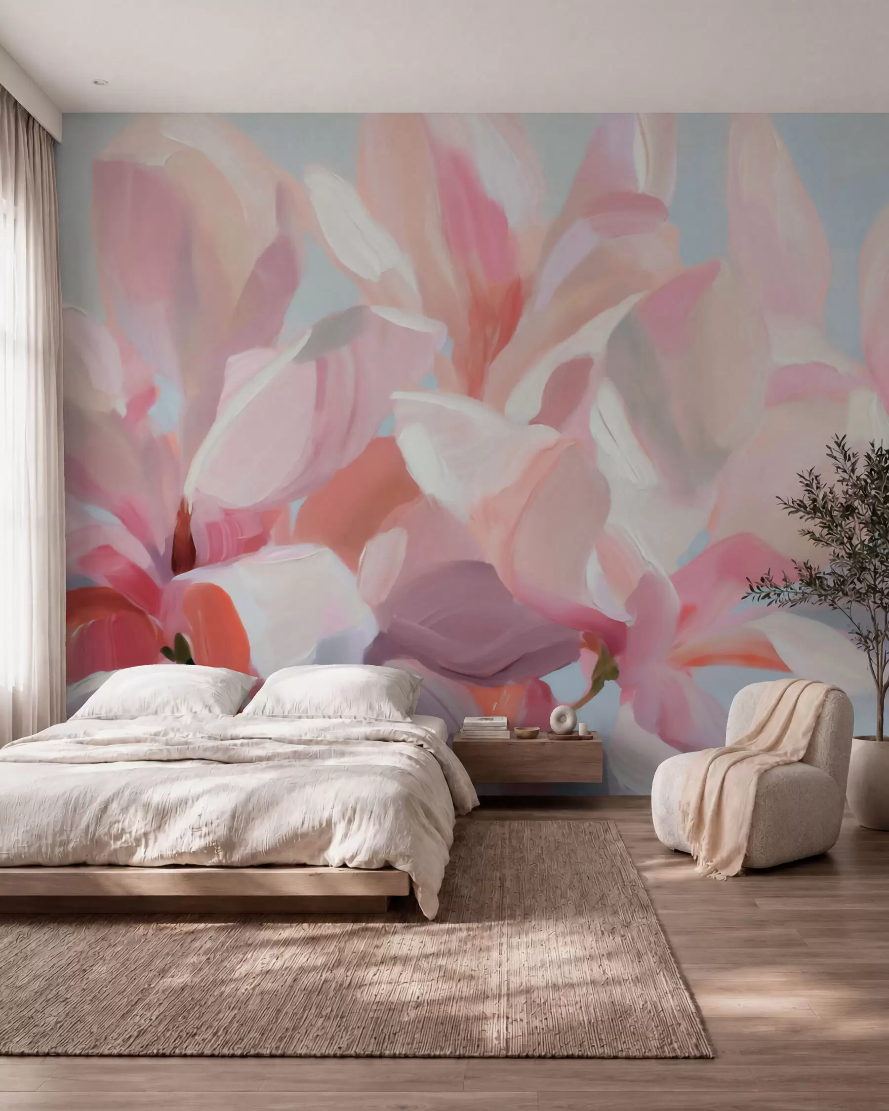 murais de parede Grande plano de uma magnólia cor-de-rosa, com imitação de uma técnica pictórica suave w10043