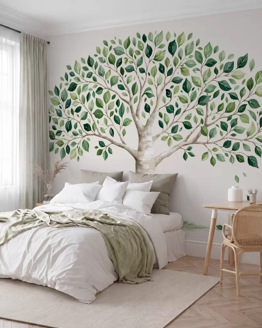 murais de parede Árvore com folhagem verde, estilo aguarela, minimalista w10046