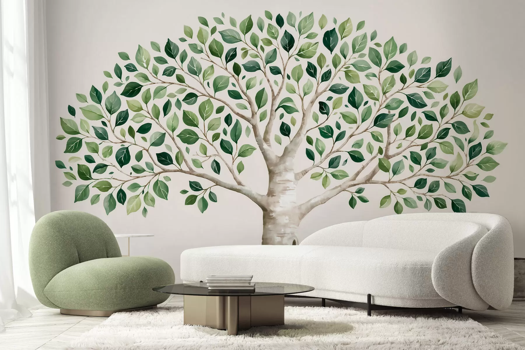 murais de parede Árvore com folhagem verde, estilo aguarela, minimalista w10046