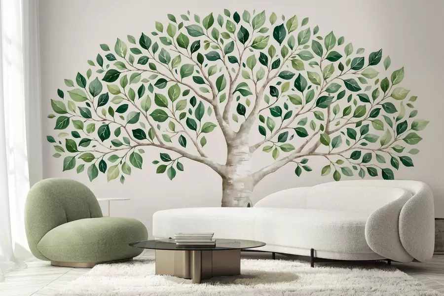 murais de parede Árvore com folhagem verde, estilo aguarela, minimalista w10046