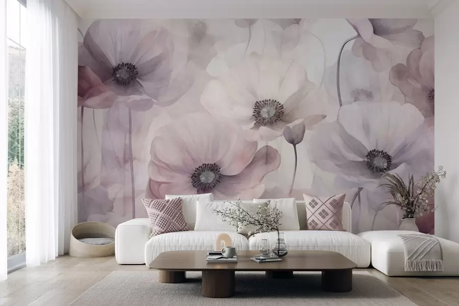 murais de parede Papoilas rosa-claro e brancas com pétalas delicadas w10029v1