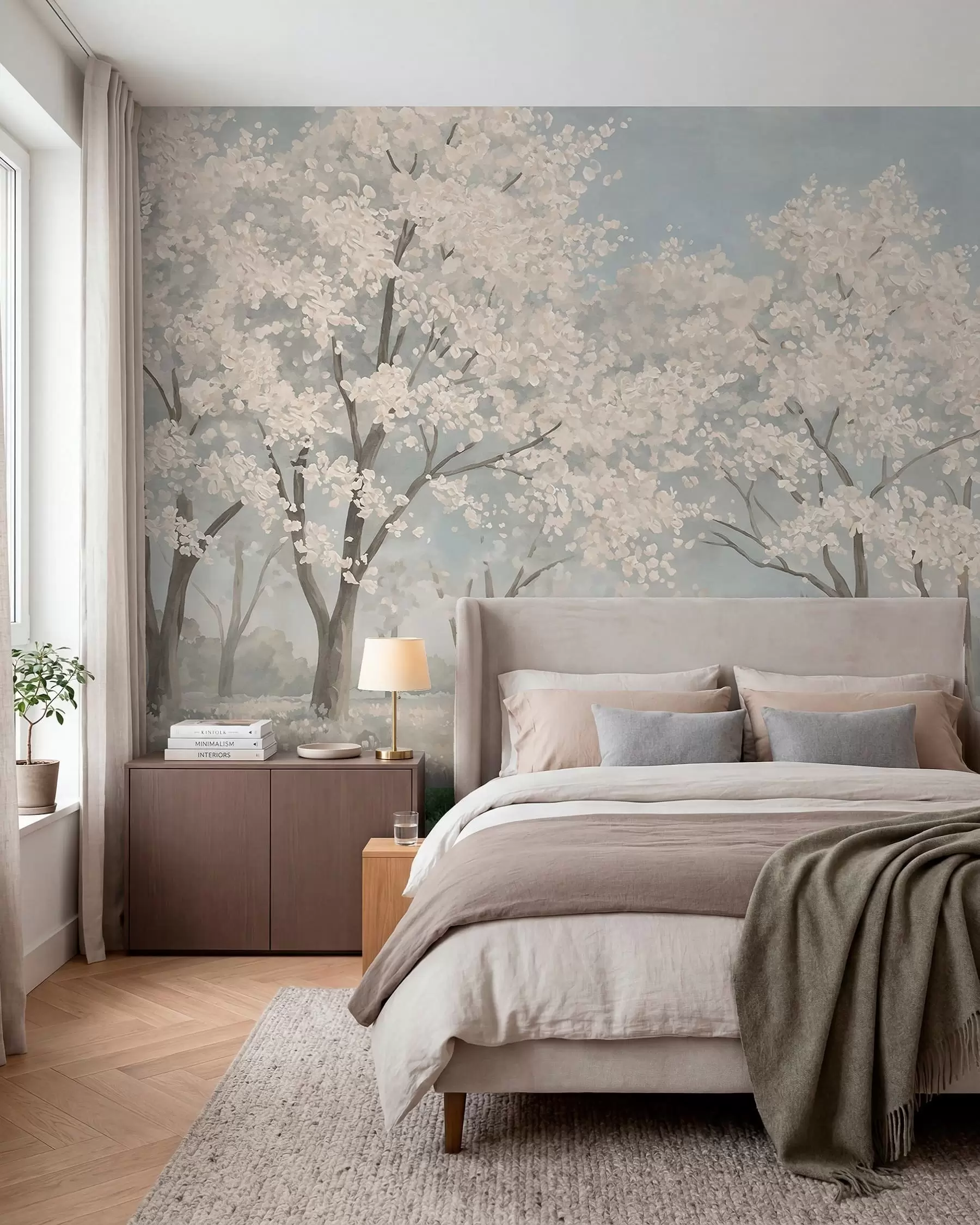 murais de parede Árvores com flores claras num prado em tons pastel w05897