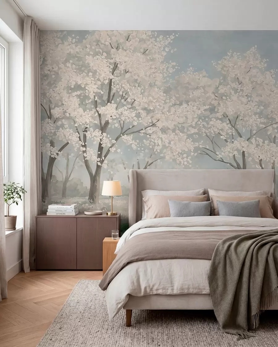 murais de parede Árvores com flores claras num prado em tons pastel w05897