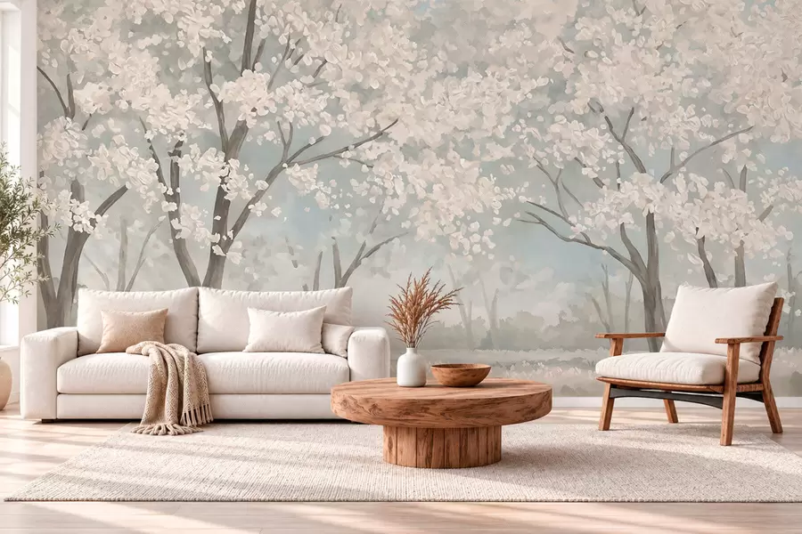 murais de parede Árvores com flores claras num prado em tons pastel w05897