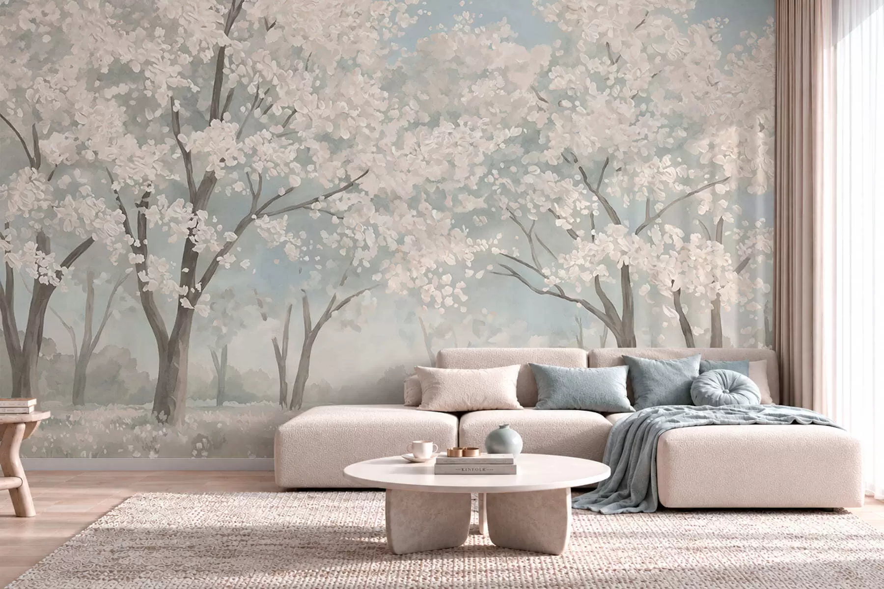 murais de parede Árvores com flores claras num prado em tons pastel w05897