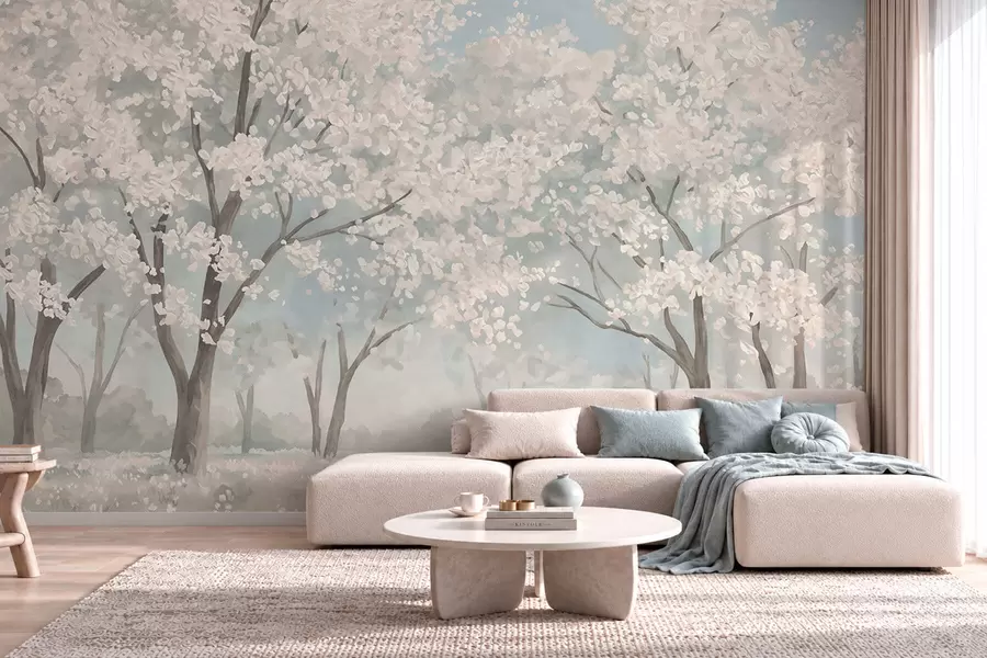 murais de parede Árvores com flores claras num prado em tons pastel w05897