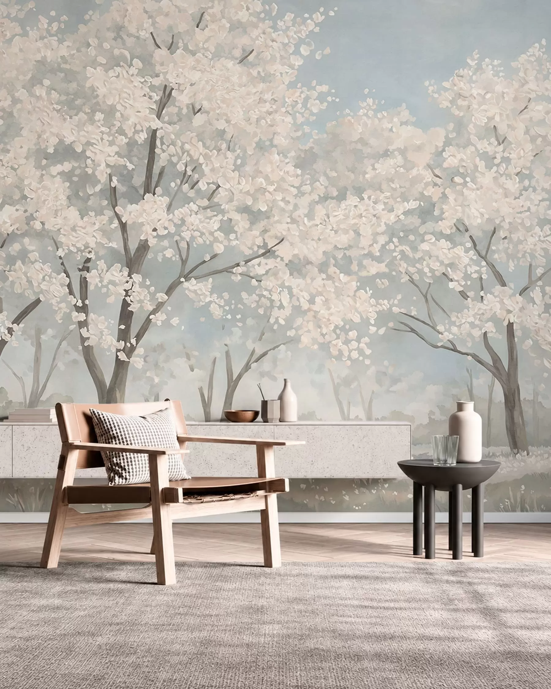 murais de parede Árvores com flores claras num prado em tons pastel w05897