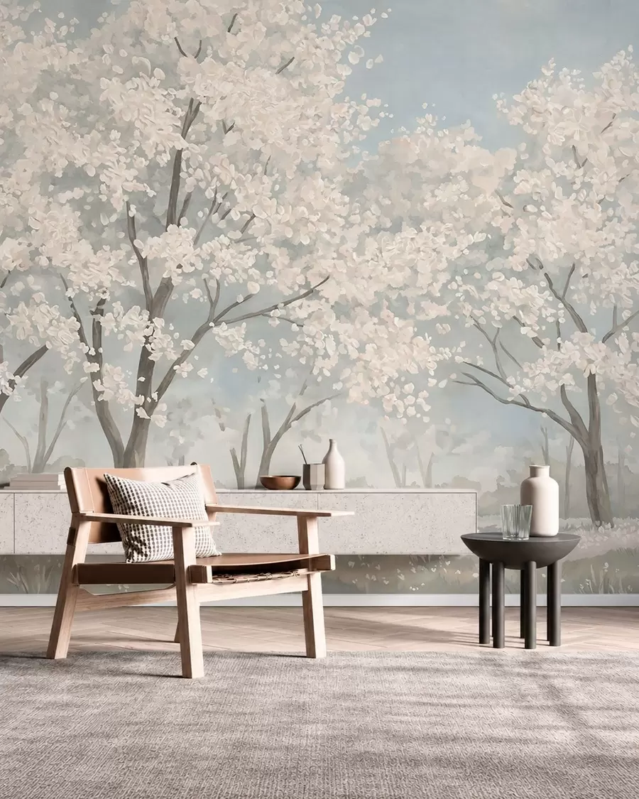 murais de parede Árvores com flores claras num prado em tons pastel w05897