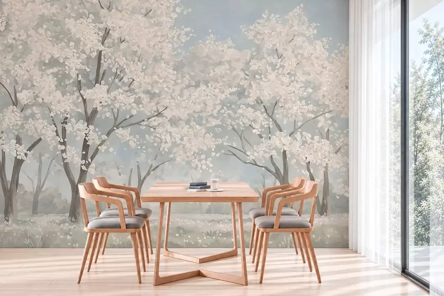 murais de parede Árvores com flores claras num prado em tons pastel w05897
