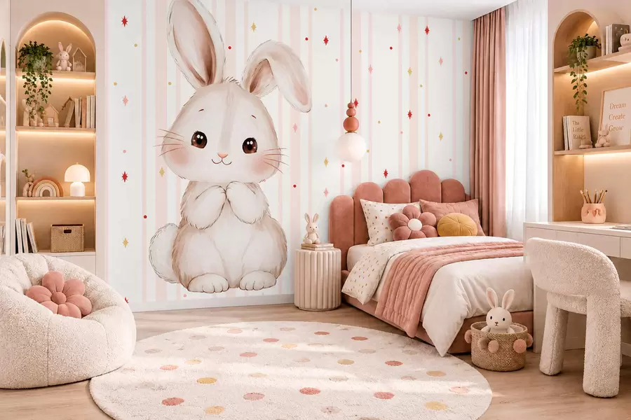 murais de parede Coelhinho fofo contra um fundo de riscas cor-de-rosa e estrelas coloridas w05920