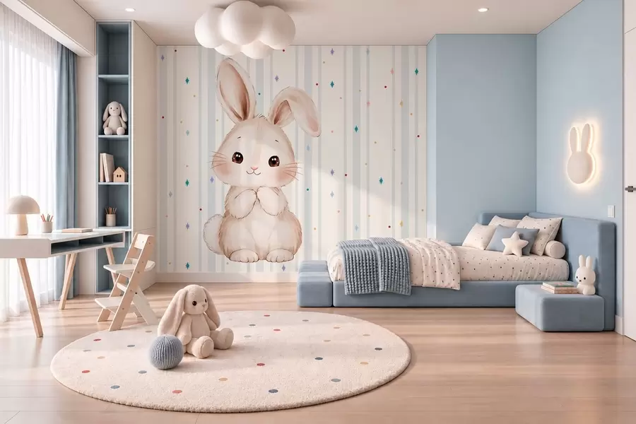 murais de parede Coelhinho fofo contra um fundo de riscas azuis e estrelas coloridas w05920v3