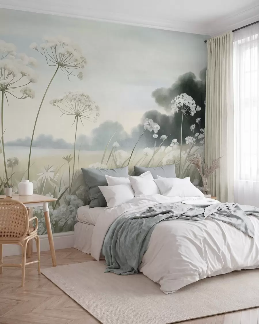 murais de parede Paisagem com flores silvestres e ervas altas num campo, cores suaves, com textura w10032