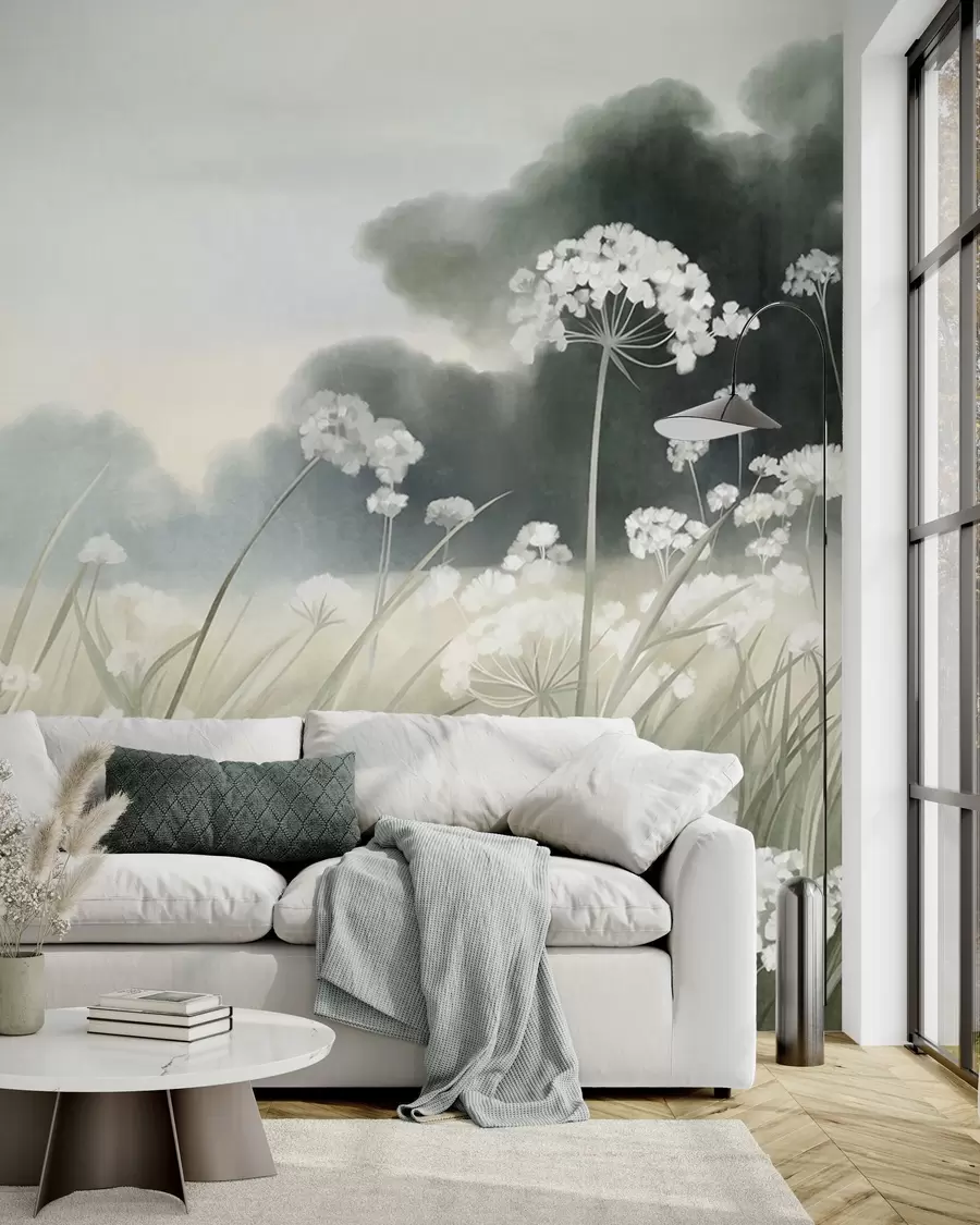 murais de parede Paisagem com flores silvestres e ervas altas num campo, cores suaves, com textura w10032