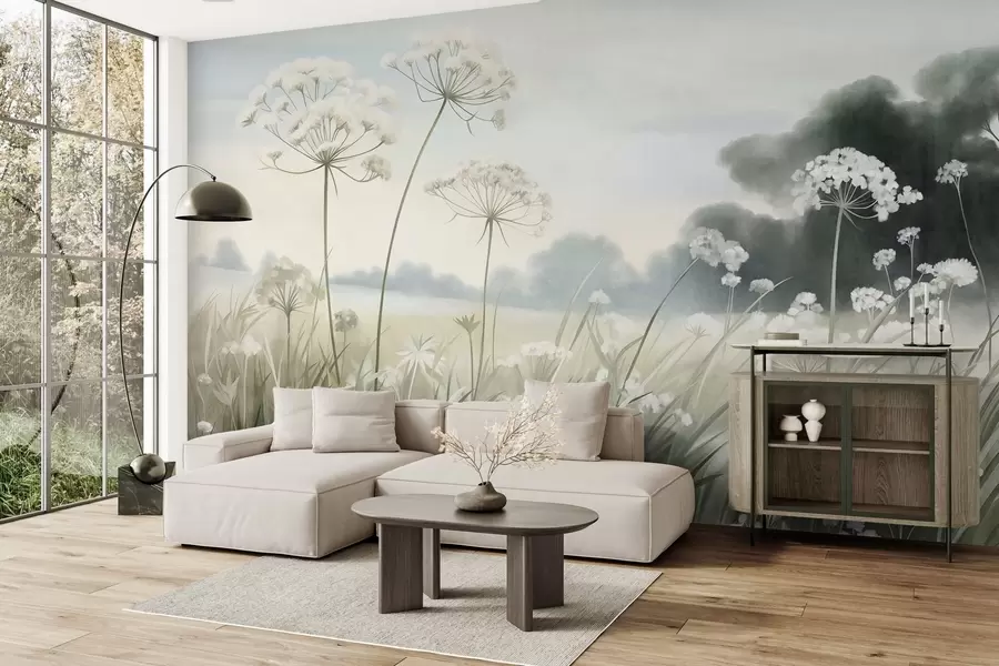 murais de parede Paisagem com flores silvestres e ervas altas num campo, cores suaves, com textura w10032