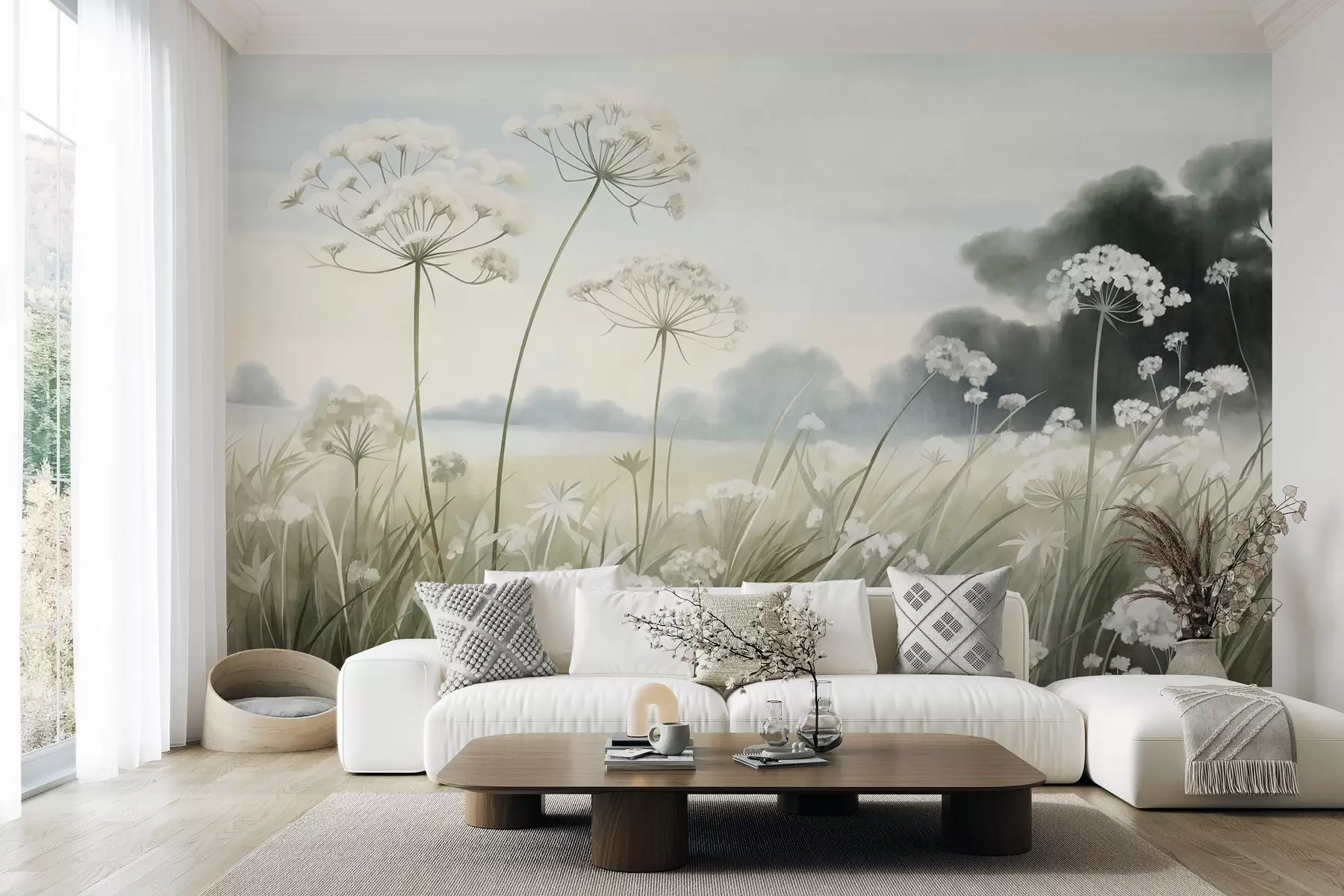 murais de parede Paisagem com flores silvestres e ervas altas num campo, cores suaves, com textura w10032