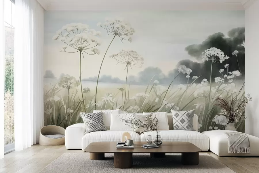 murais de parede Paisagem com flores silvestres e ervas altas num campo, cores suaves, com textura w10032