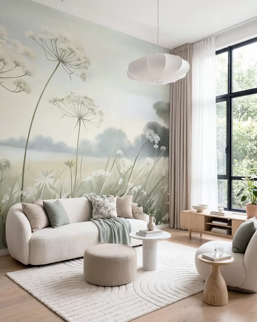 murais de parede Paisagem com flores silvestres e ervas altas num campo, cores suaves, com textura w10032