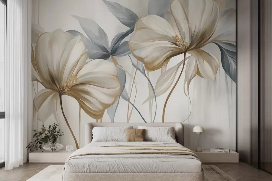 murais de parede Flores abstratas e delicadas, com caules finos e castanhos e folhas de um azul suave, com textura w10058