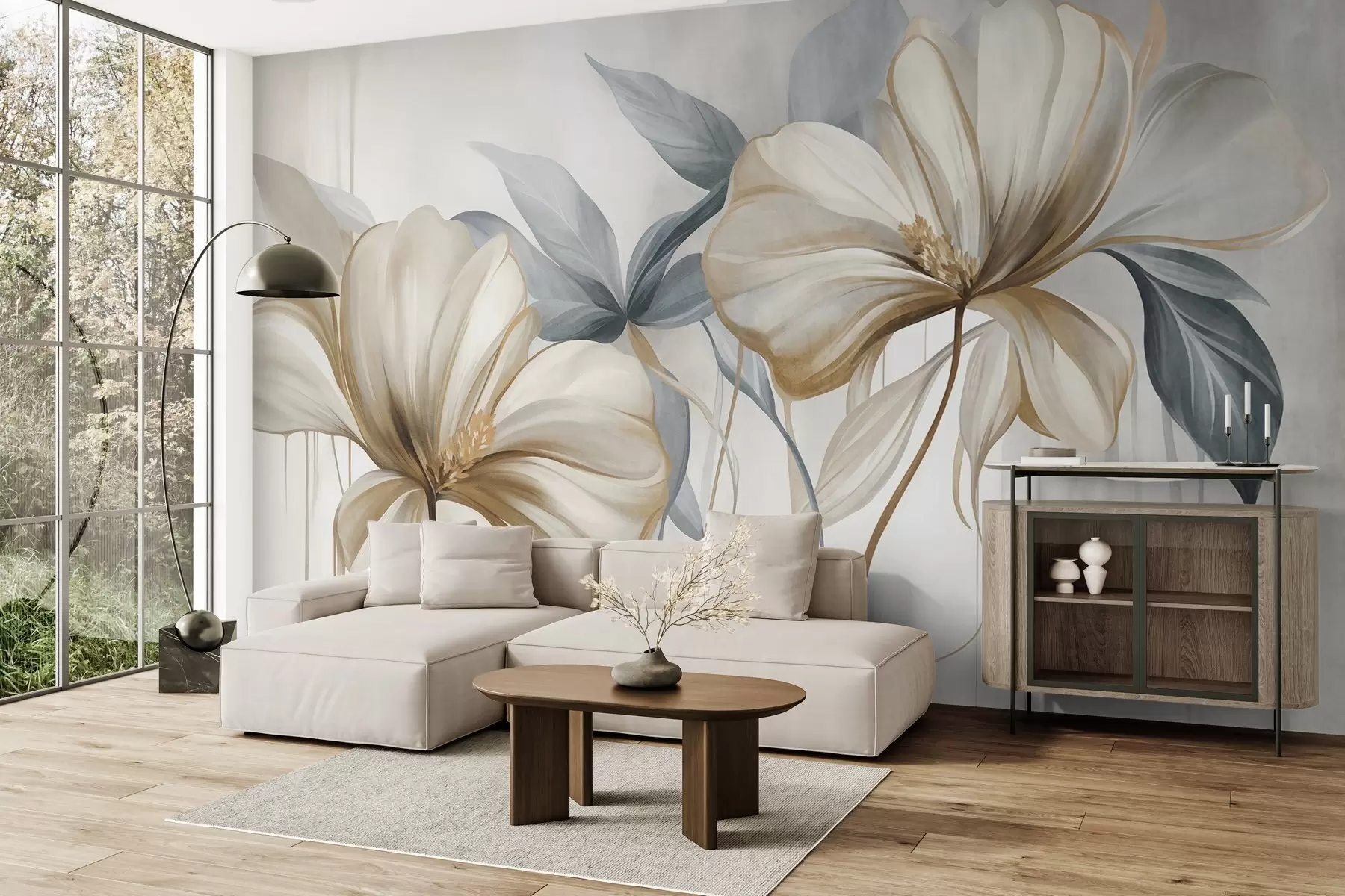 murais de parede Flores abstratas e delicadas, com caules finos e castanhos e folhas de um azul suave, com textura w10058