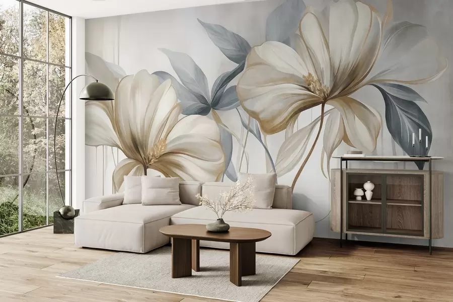 murais de parede Flores abstratas e delicadas, com caules finos e castanhos e folhas de um azul suave, com textura w10058
