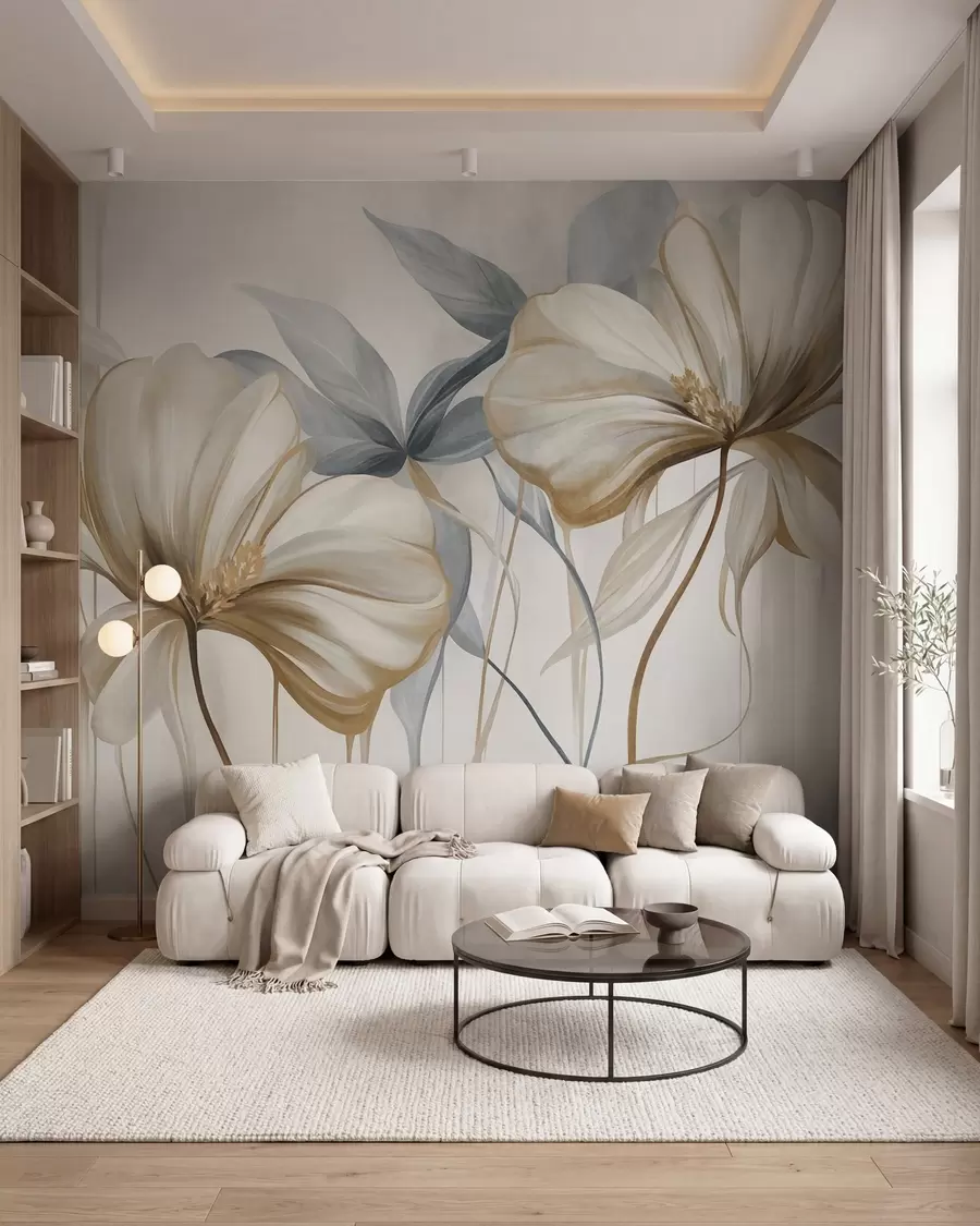 murais de parede Flores abstratas e delicadas, com caules finos e castanhos e folhas de um azul suave, com textura w10058