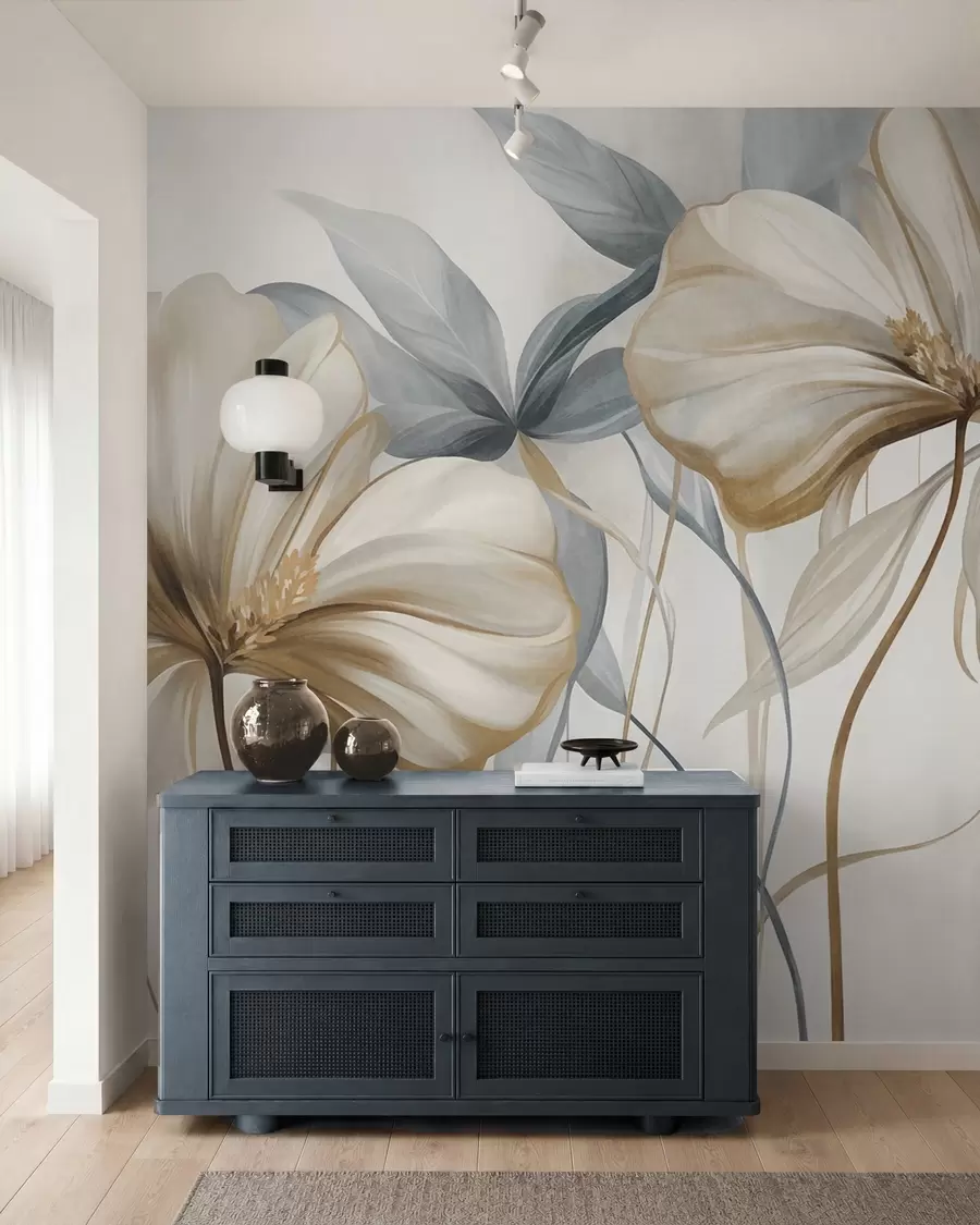 murais de parede Flores abstratas e delicadas, com caules finos e castanhos e folhas de um azul suave, com textura w10058