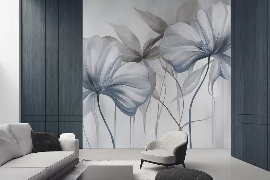 murais de parede Flores abstratas e delicadas, com caules finos e azuis e folhas em tons suaves, com textura w10058v1