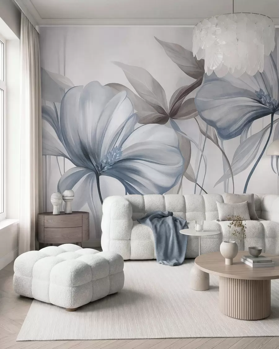 murais de parede Flores abstratas e delicadas, com caules finos e azuis e folhas em tons suaves, com textura w10058v1