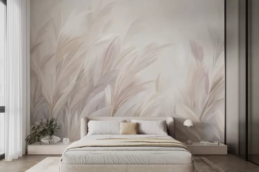 murais de parede Ervas altas e esvoaçantes em tons suaves de pastel, com um fundo de textura leve w10060