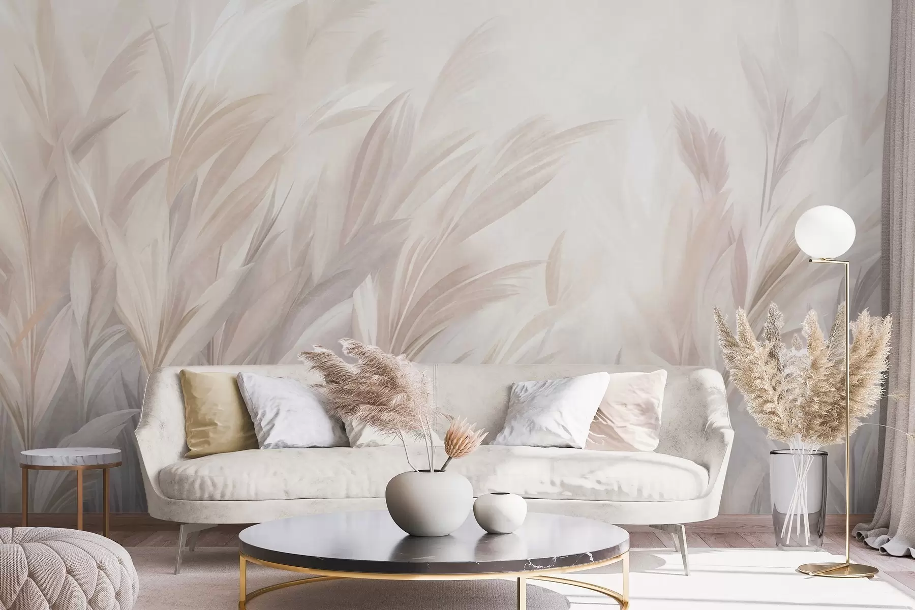 murais de parede Ervas altas e esvoaçantes em tons suaves de pastel, com um fundo de textura leve w10060