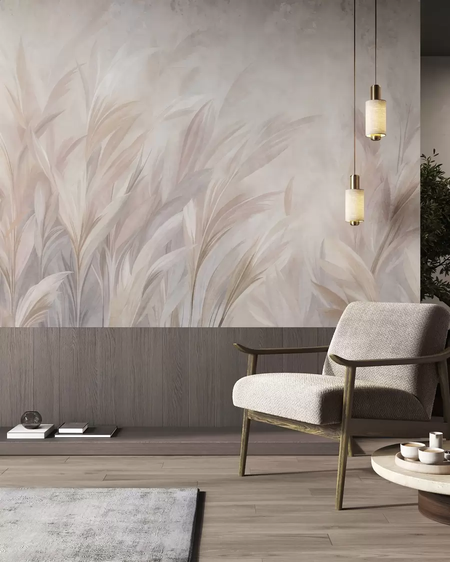 murais de parede Ervas altas e esvoaçantes em tons suaves de pastel, com um fundo de textura leve w10060