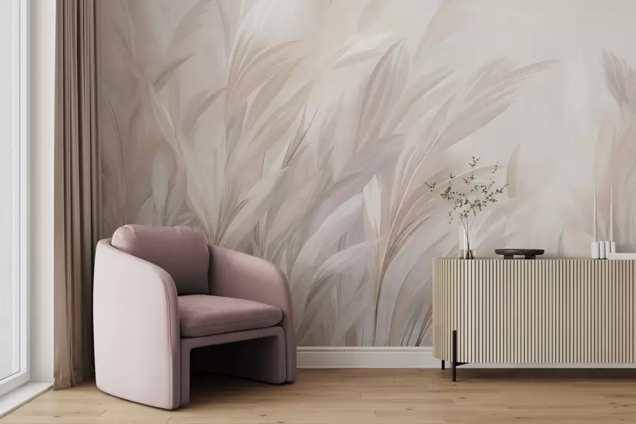 murais de parede Ervas altas e esvoaçantes em tons suaves de pastel, com um fundo de textura leve w10060