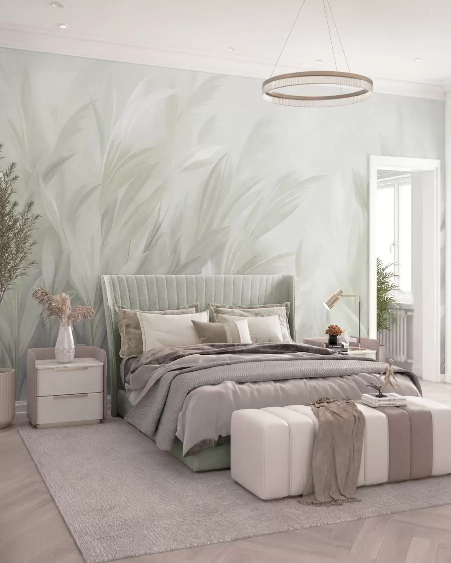 murais de parede Erva alta e esvoaçante em suaves tons de verde pastel, com um fundo de textura leve w10060v1