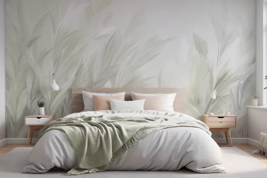 murais de parede Erva alta e esvoaçante em suaves tons de verde pastel, com um fundo de textura leve w10060v1