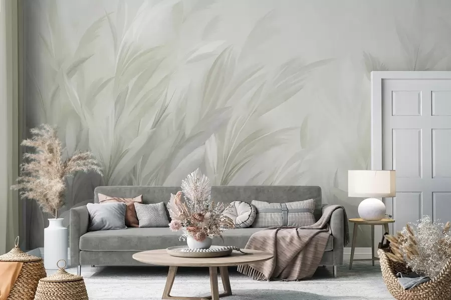 murais de parede Erva alta e esvoaçante em suaves tons de verde pastel, com um fundo de textura leve w10060v1