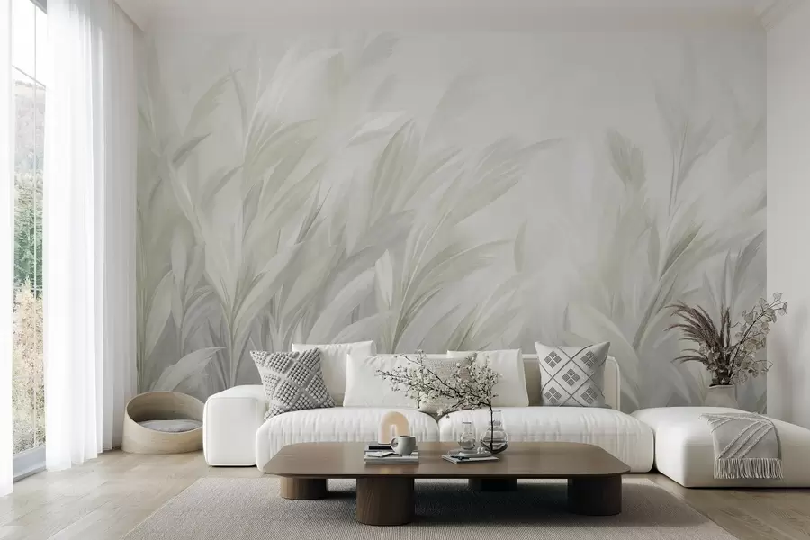 murais de parede Erva alta e esvoaçante em suaves tons de verde pastel, com um fundo de textura leve w10060v1