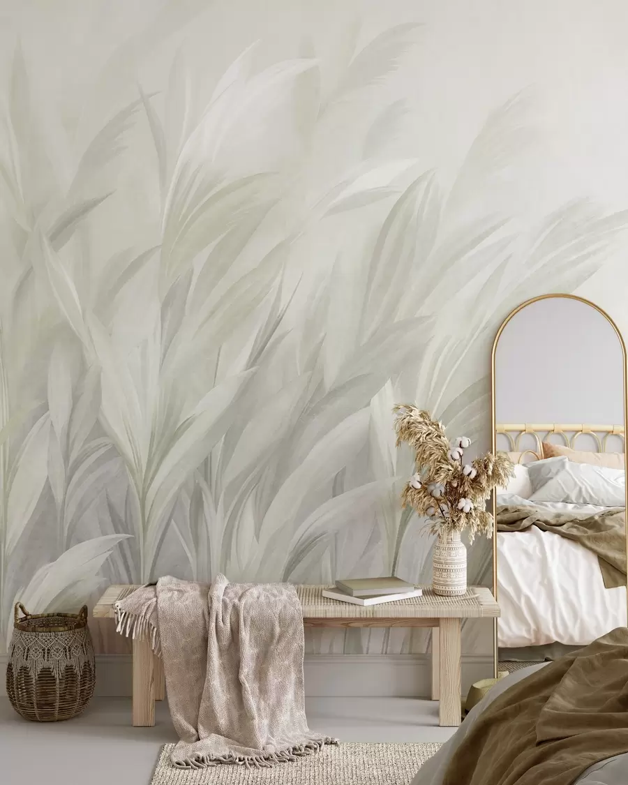 murais de parede Erva alta e esvoaçante em suaves tons de verde pastel, com um fundo de textura leve w10060v1