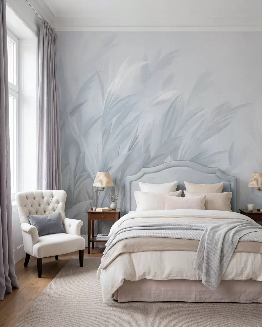 murais de parede Erva alta e esvoaçante em suaves tons de azul pastel, com um fundo de textura leve w10060v2