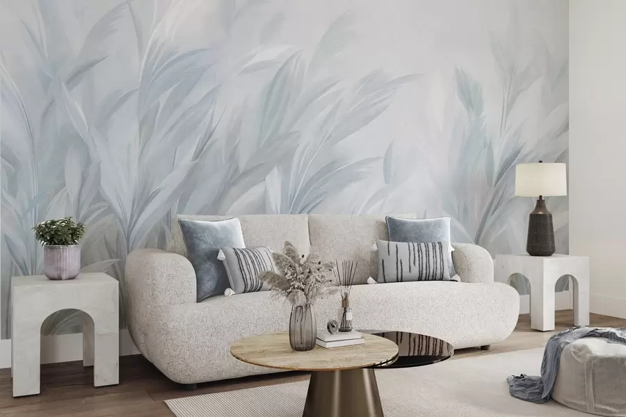 murais de parede Erva alta e esvoaçante em suaves tons de azul pastel, com um fundo de textura leve w10060v2