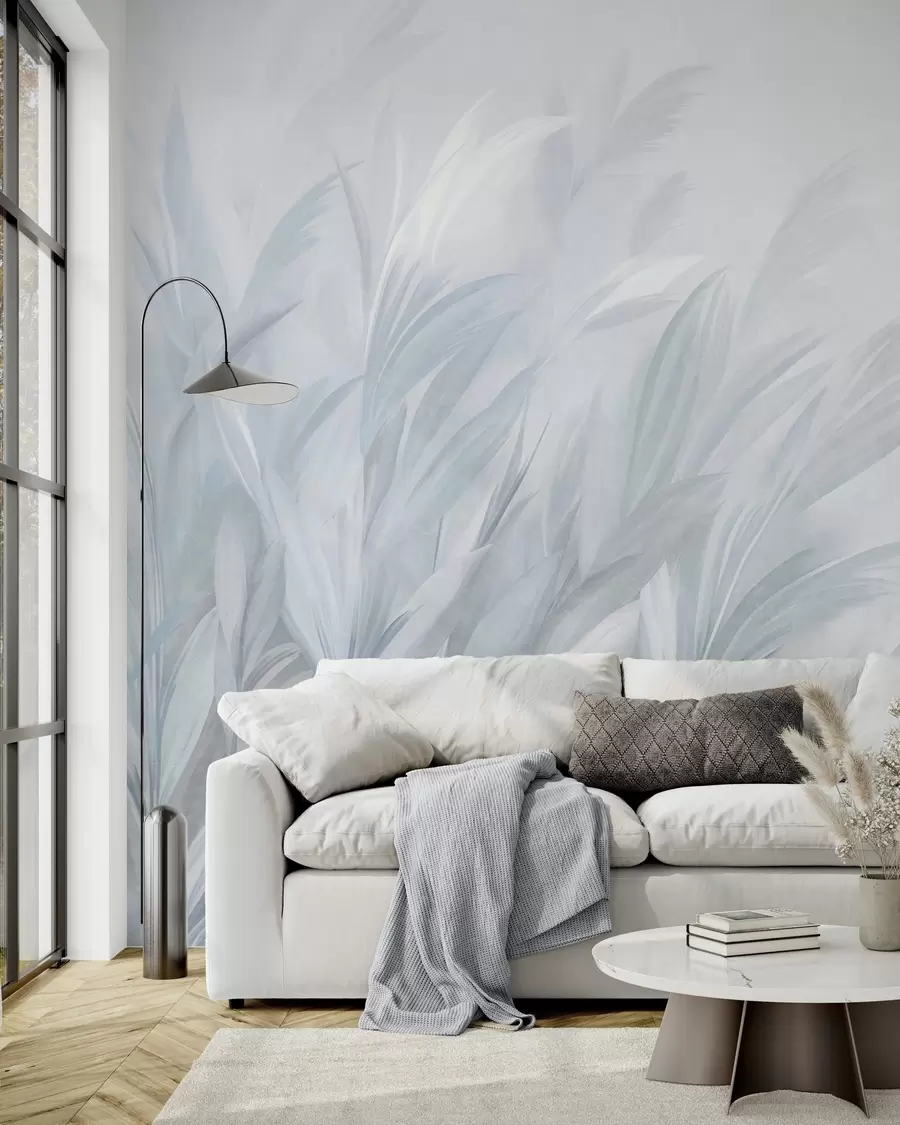 murais de parede Erva alta e esvoaçante em suaves tons de azul pastel, com um fundo de textura leve w10060v2