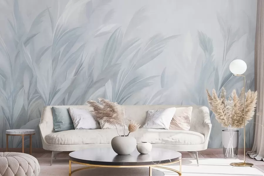 murais de parede Erva alta e esvoaçante em suaves tons de azul pastel, com um fundo de textura leve w10060v2